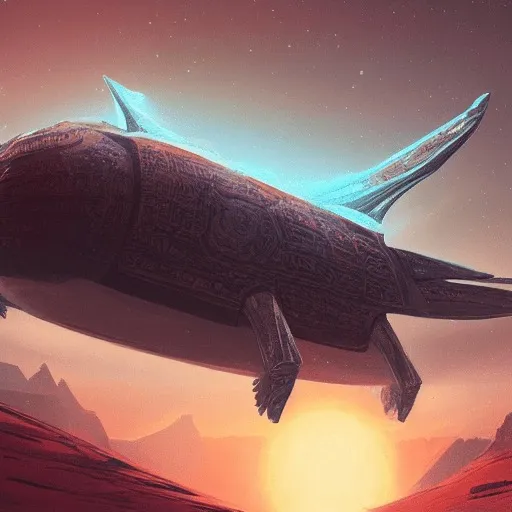 ancient space ship, ice fish shape, desert planet, cinematic, highly detailed, scifi, intricate digital painting, sunset, red glow, illustration, artstation