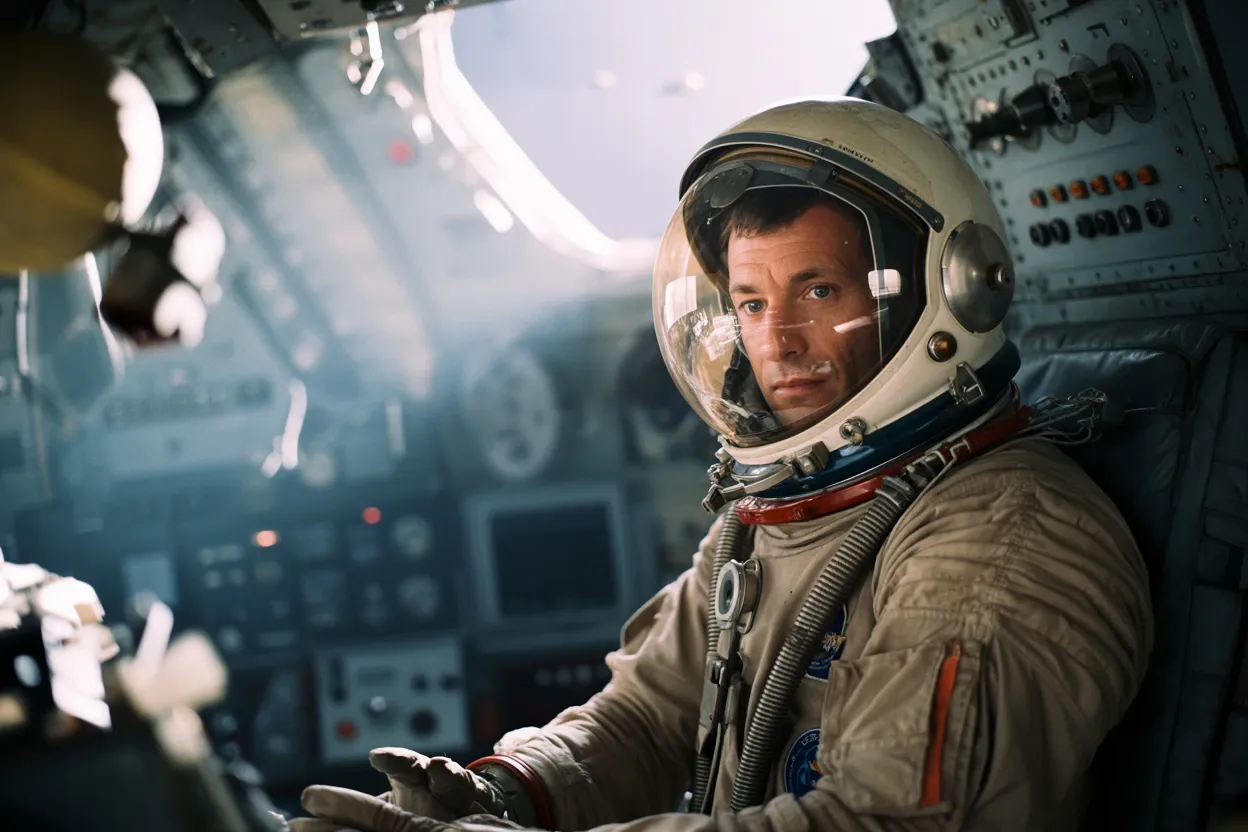 A photorealistic image of an astronaut in his ship