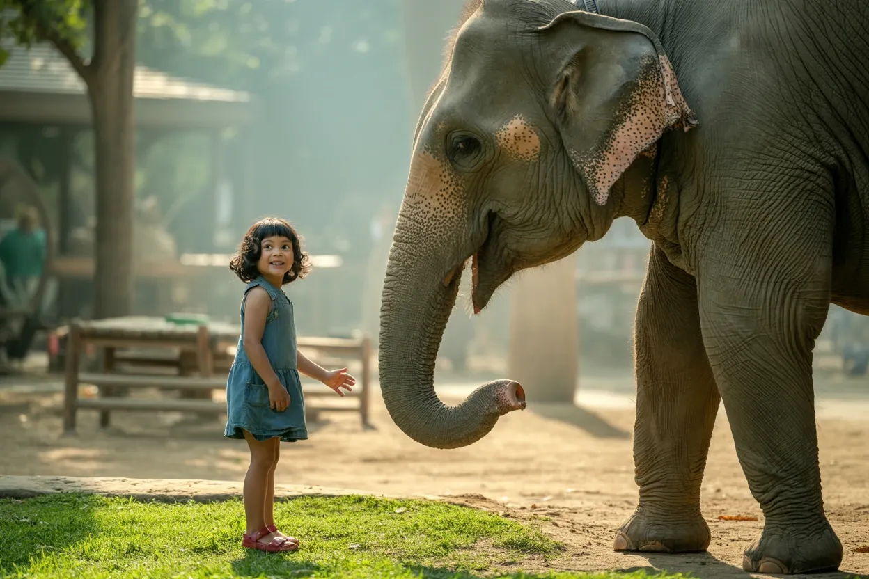 A photorealistic image of a child and her pet elephant