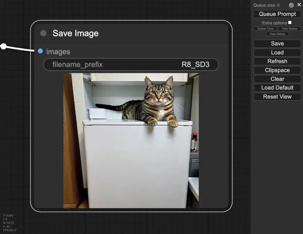 ComfyUI GUI Output for 'cat on a fridge'
