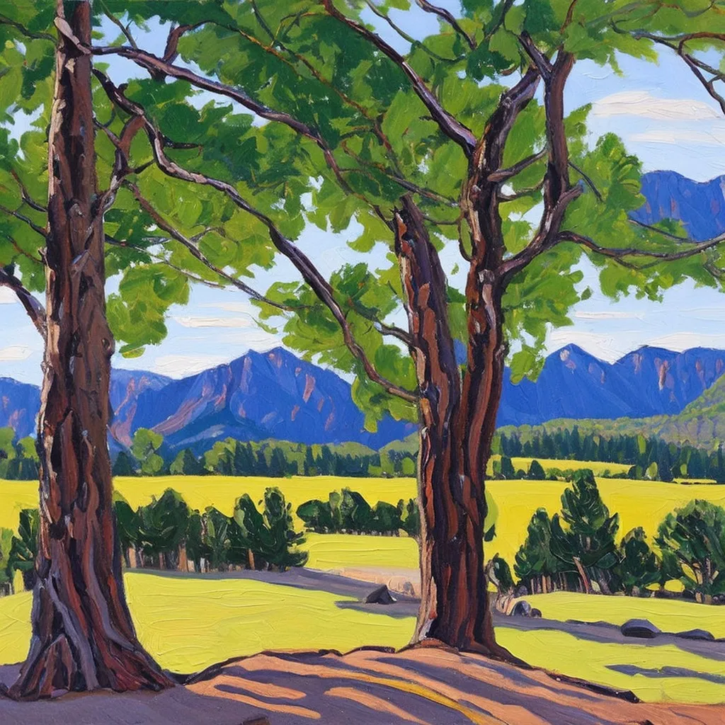 flatirons, Chautauqua park, flatirons vista, green, boulder colorado, plein air oil painting, Stable Diffusion 2.1