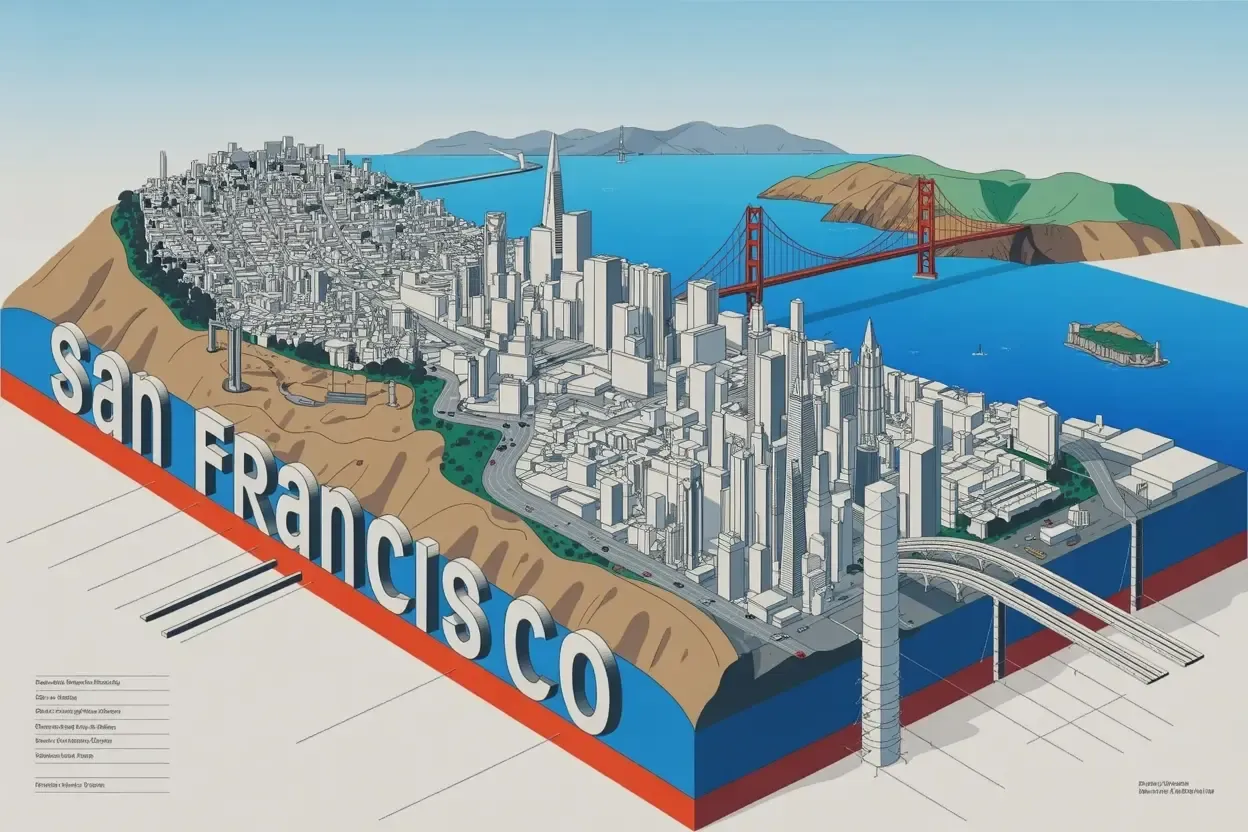 A 3D blueprint style rendering of San Francisco