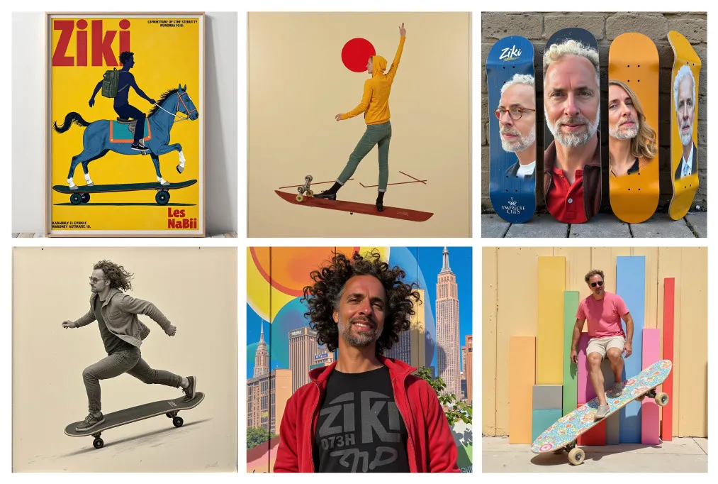 Variants of 'ZIKI on a skateboard', generated by the ziki-flux fine-tune.